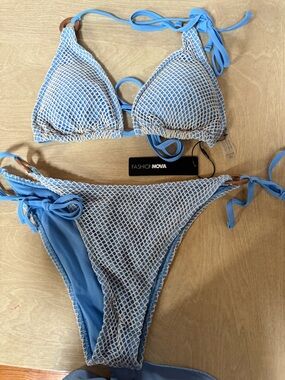 Fashion Nova Sky Blue Bikini Set with White Mesh Overlay